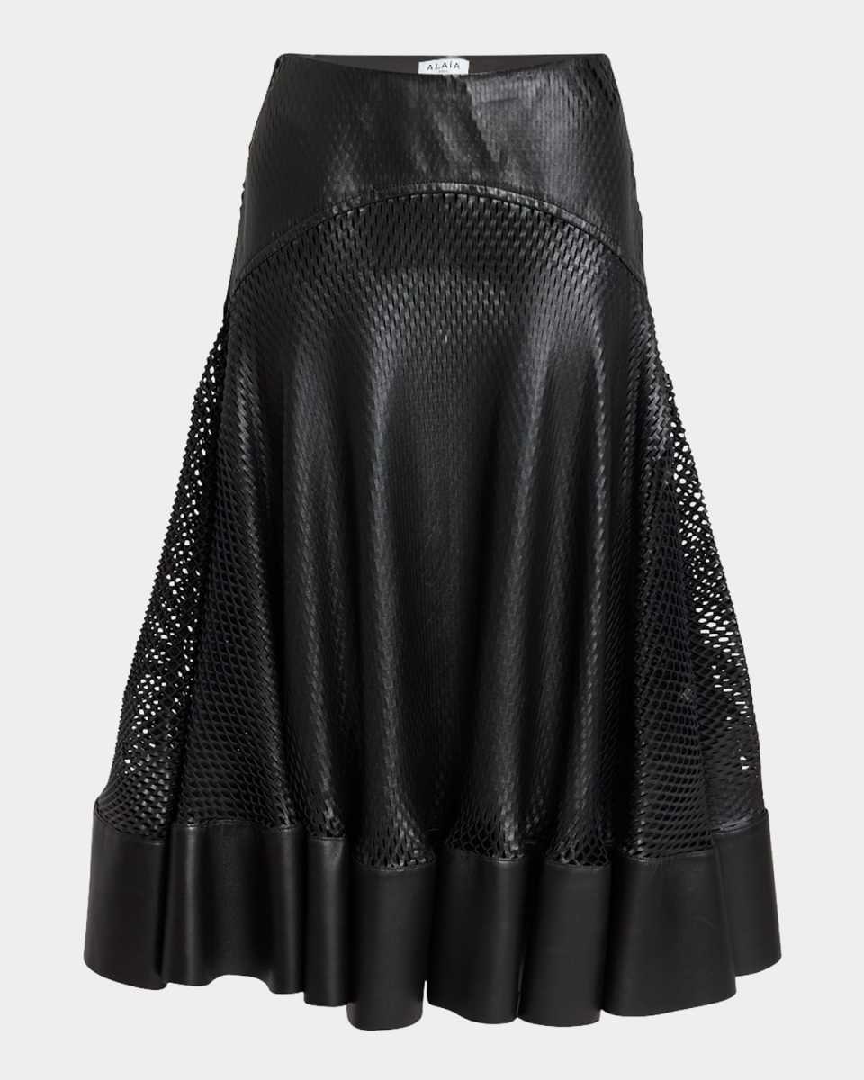 Perforated Leather Flare Skirt
